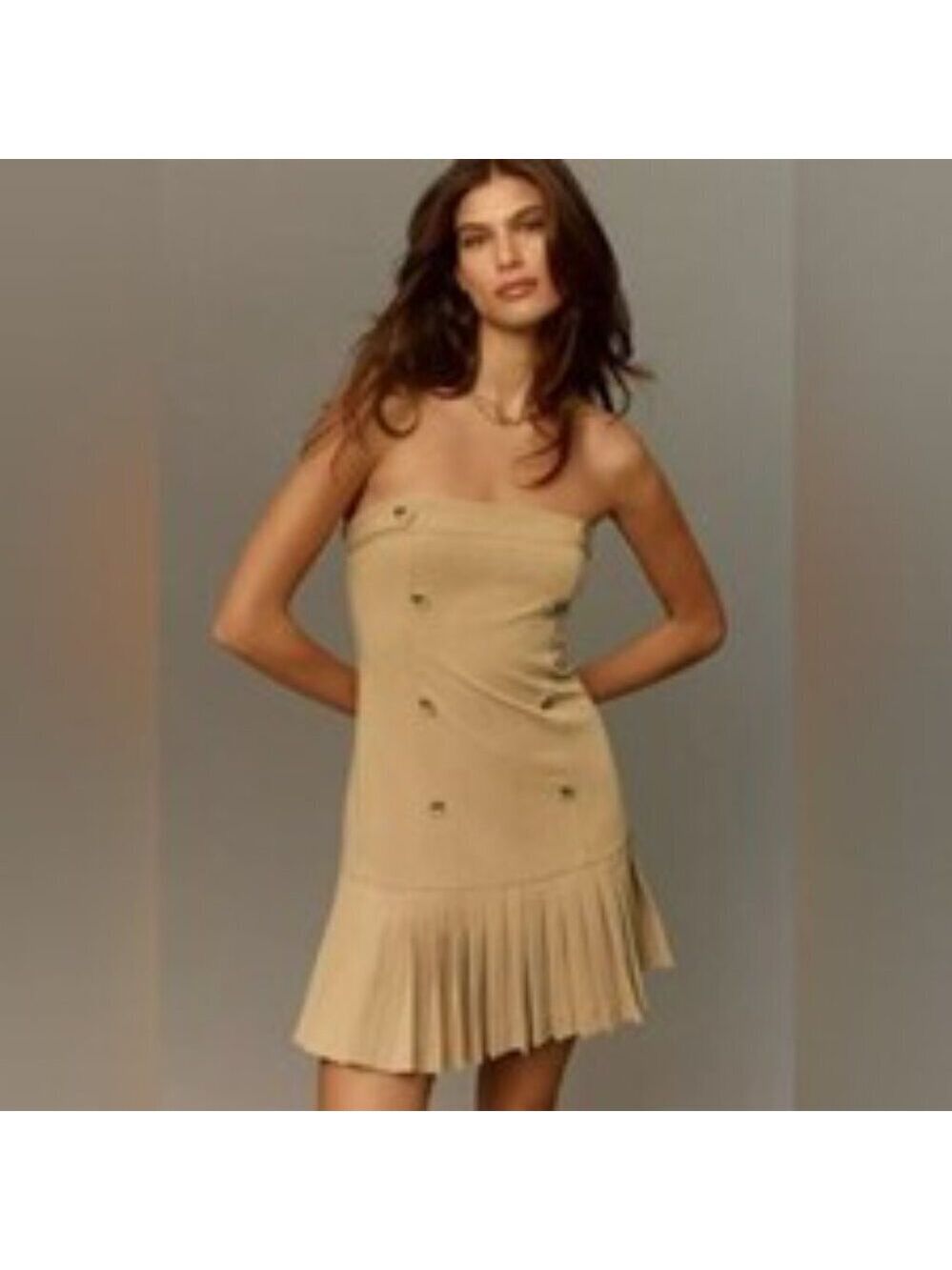 Maeve Strapless Pleated Trench Dress L Beige Mini Stretch Anthropologie NEW - Picture 3 of 11